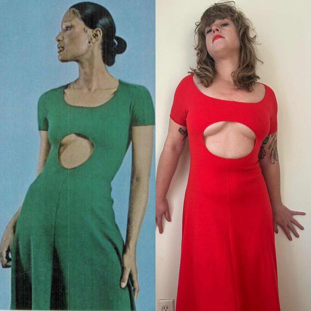 1970s 70s vintage Stephen Burrows designer cutout maxi dress wool red backless